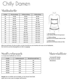 Maßtabelle und Stoffverbrauch Papierschnittmuster - Shirt Chilly von Fadenkäfer